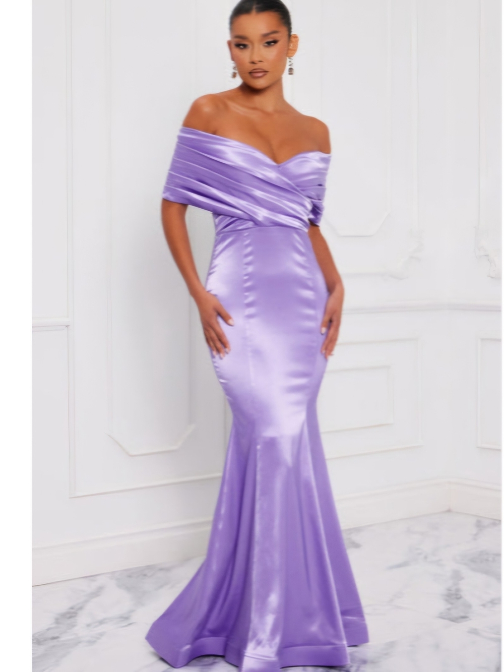 Fashion Nova Off-Shoulder Satin Mermaid Gown in Lavender